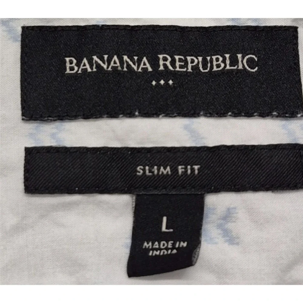 Banana Republic men's white short sleeve‎ button up blue print slim fit LG